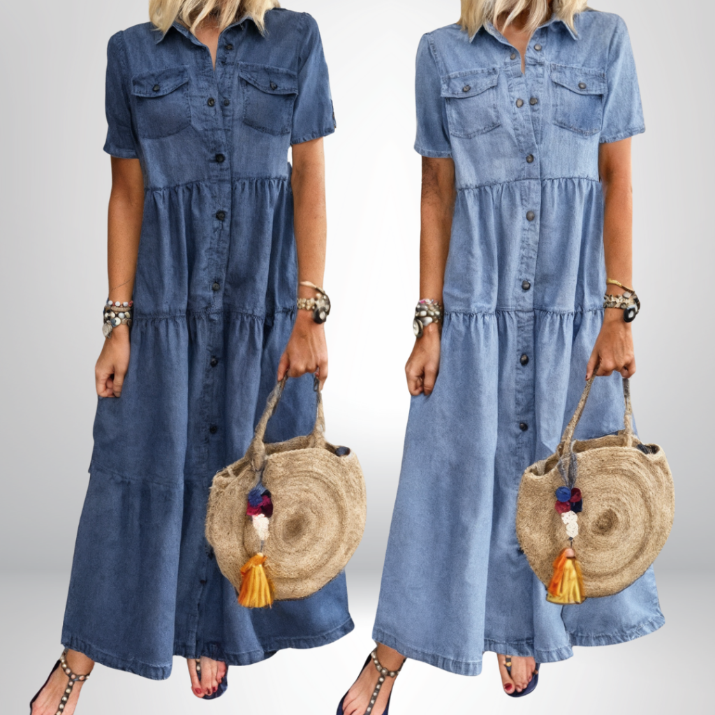 Birdie | Women's Denim Button-Down Tiered Maxi Dress