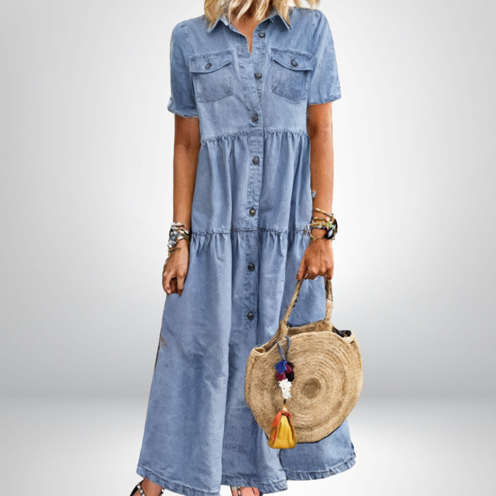 Birdie | Women's Denim Button-Down Tiered Maxi Dress