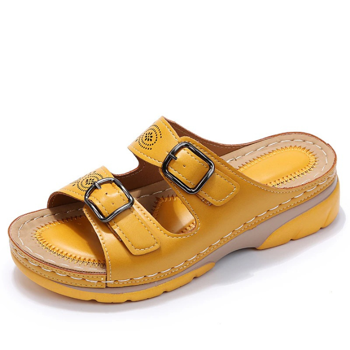 Birdie | Women's Leather Double-Buckle Wedge Slide Sandals