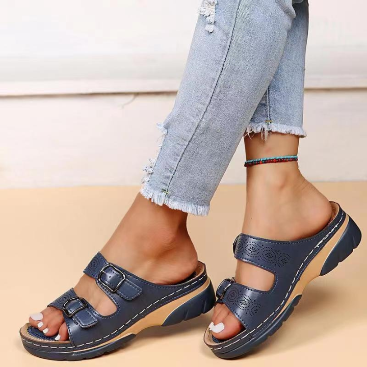 Birdie | Women's Leather Double-Buckle Wedge Slide Sandals
