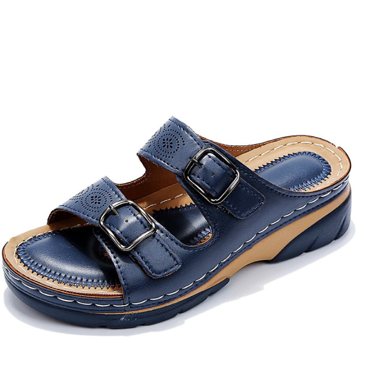 Birdie | Women's Leather Double-Buckle Wedge Slide Sandals