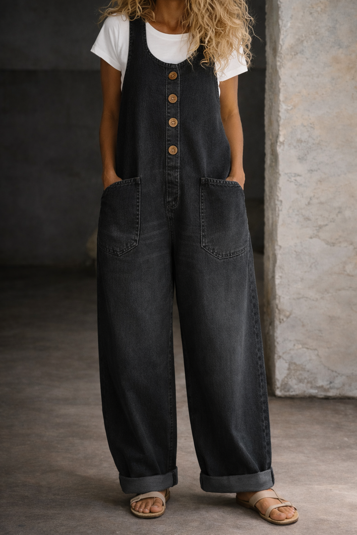 Blythe | Women's Denim Button-Front Wide-Leg Jumpsuit