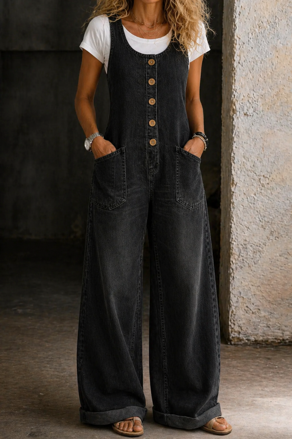 Blythe | Women's Denim Button-Front Wide-Leg Jumpsuit
