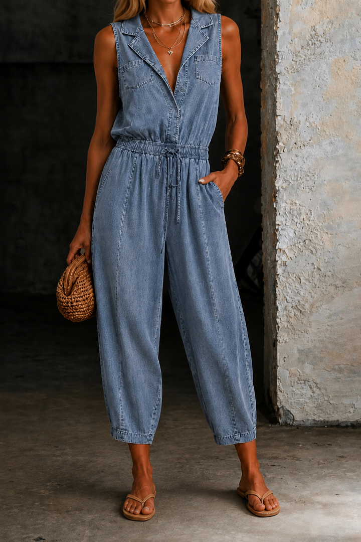 Blythe | Women's Denim Sleeveless Drawstring Jumpsuit