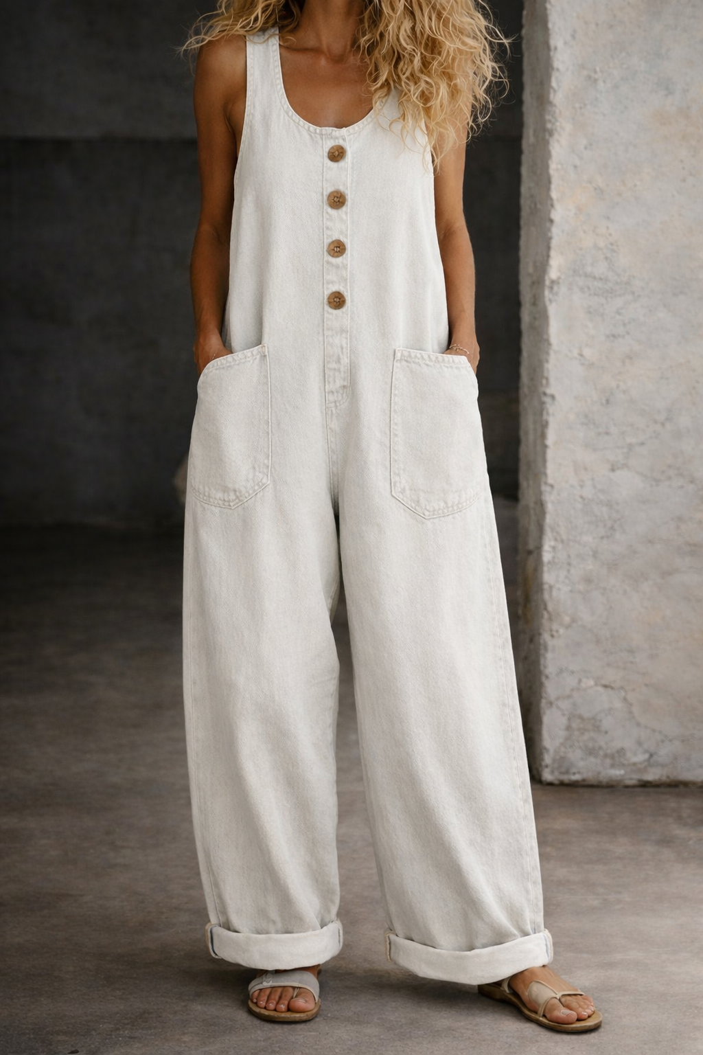 Blythe | Women's Denim Sleeveless Wide-Leg Button-Front Jumpsuit