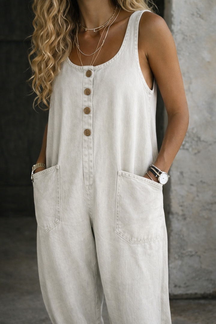 Blythe | Women's Denim Sleeveless Wide-Leg Button-Front Jumpsuit