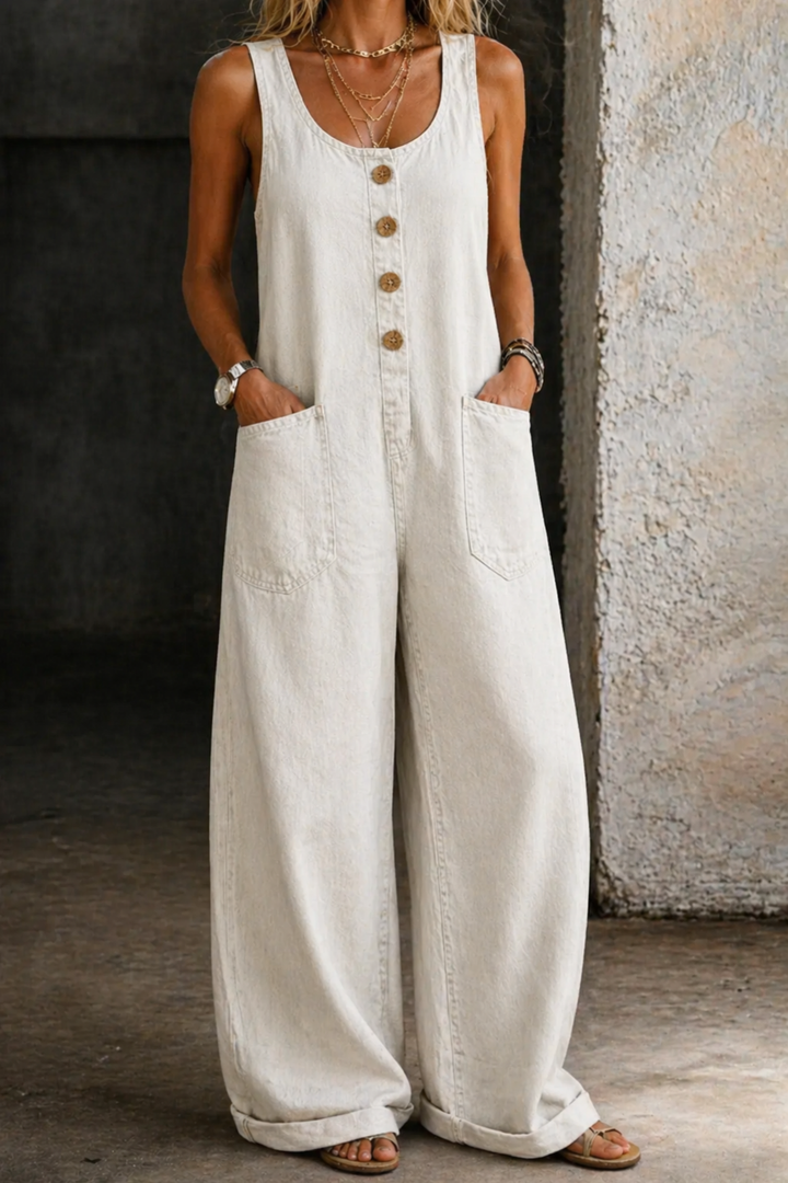 Blythe | Women's Denim Sleeveless Wide-Leg Button-Front Jumpsuit