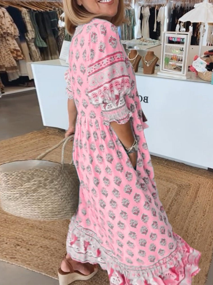 Calla | Women's Cotton Printed Tassel-Tie Boho Maxi Dress