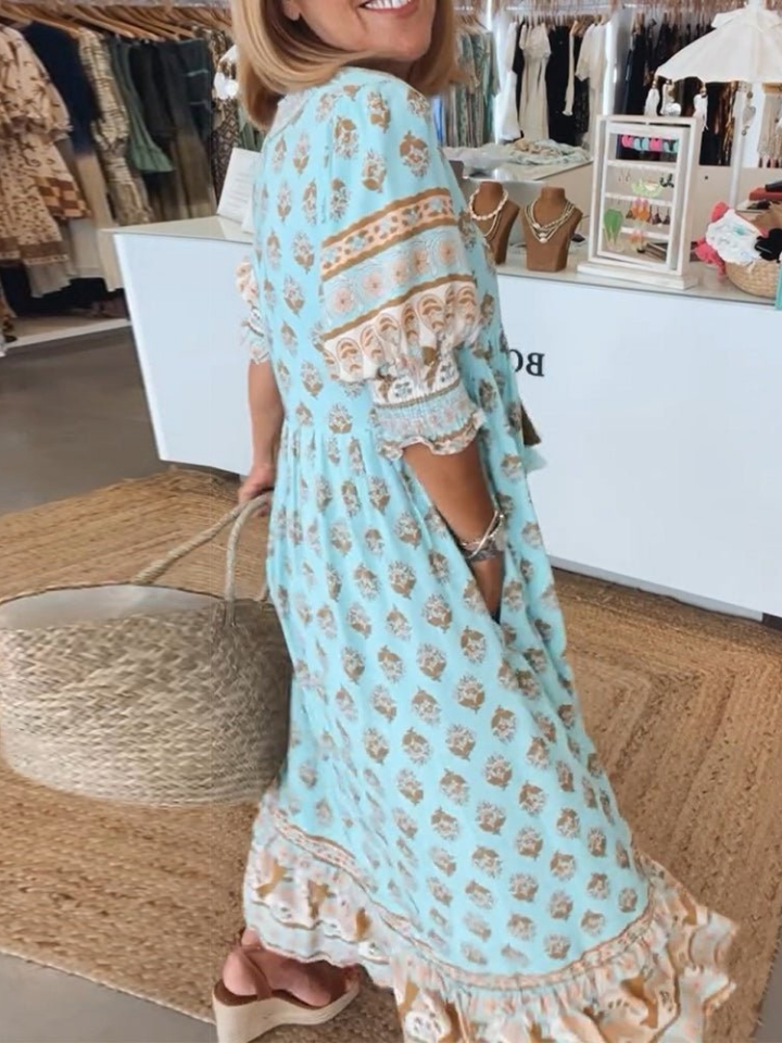 Calla | Women's Cotton Printed Tassel-Tie Boho Maxi Dress