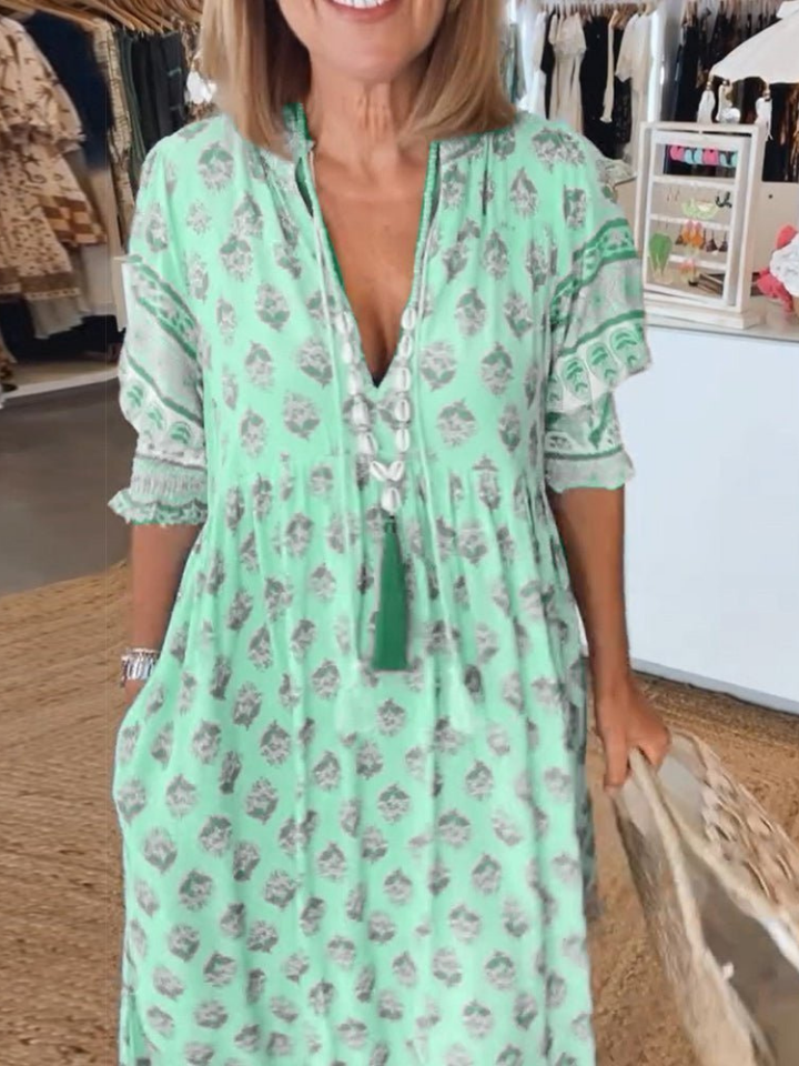 Calla | Women's Cotton Printed Tassel-Tie Boho Maxi Dress