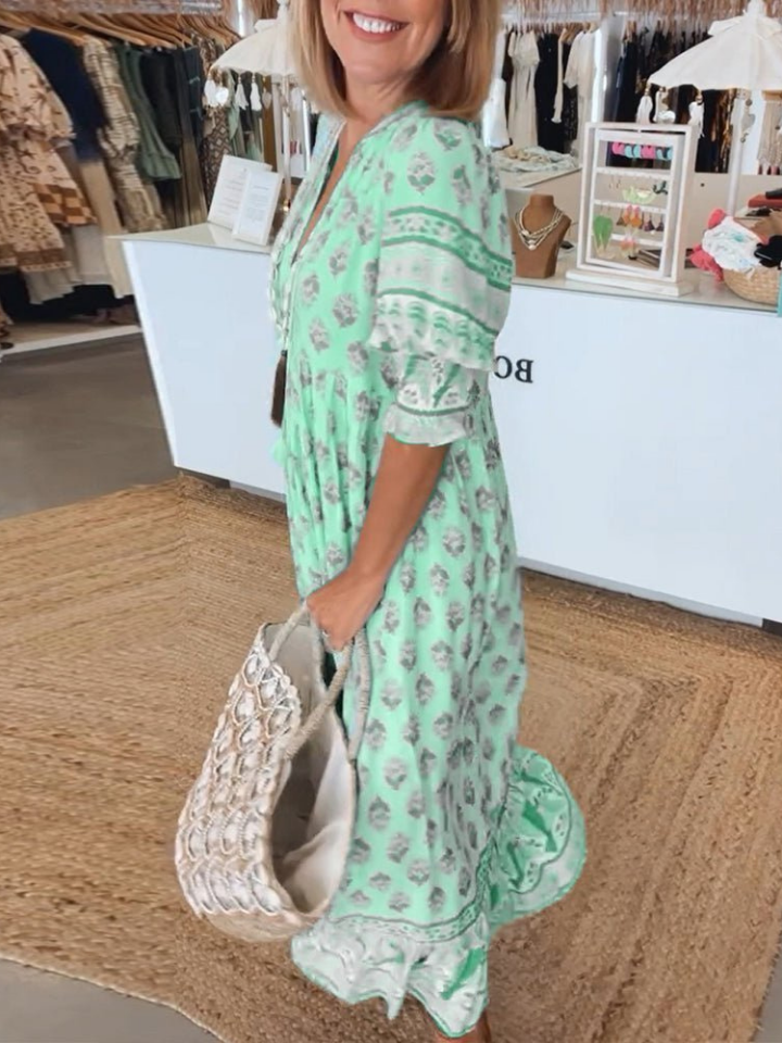 Calla | Women's Cotton Printed Tassel-Tie Boho Maxi Dress