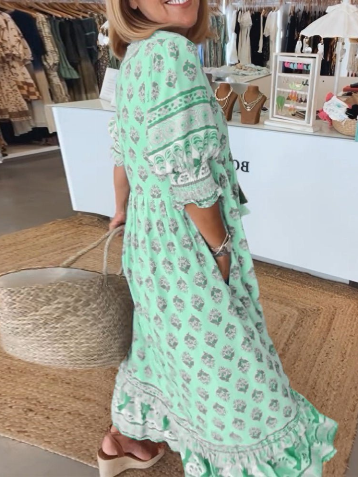 Calla | Women's Cotton Printed Tassel-Tie Boho Maxi Dress