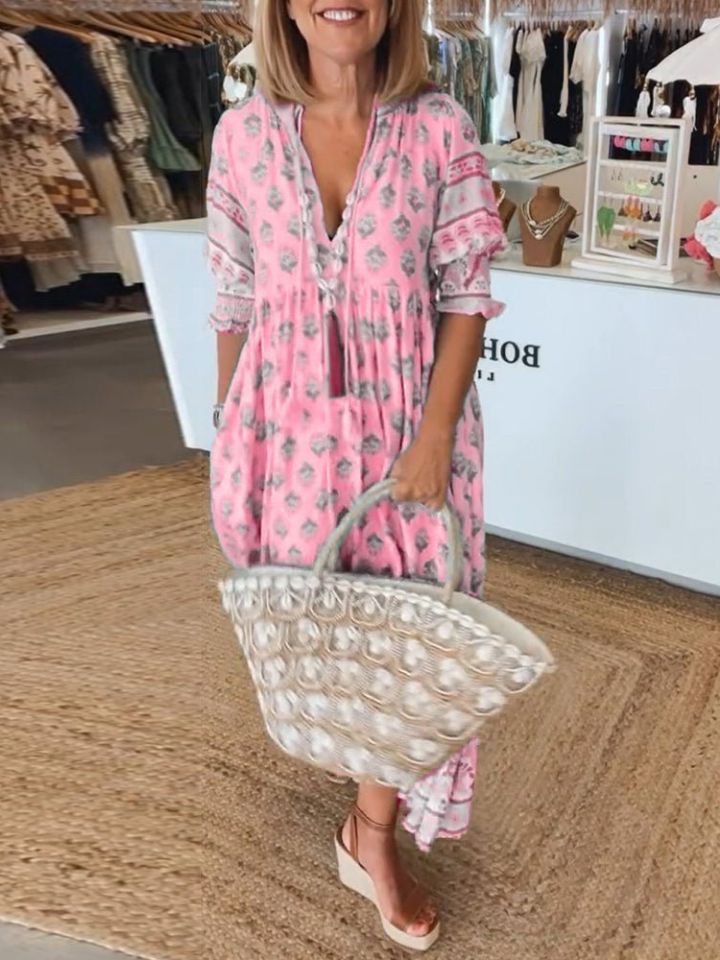 Calla | Women's Cotton Printed Tassel-Tie Boho Maxi Dress