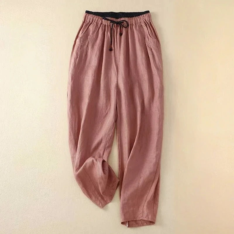 Callum | Women's Linen Drawstring Tapered Casual Trousers
