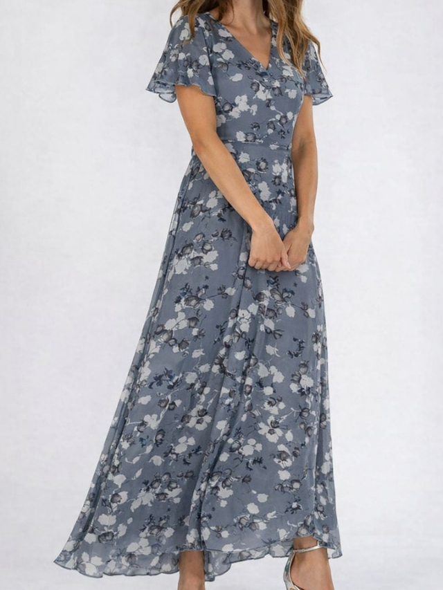 Camille | Women's Chiffon Printed Flutter Sleeve Maxi Dress