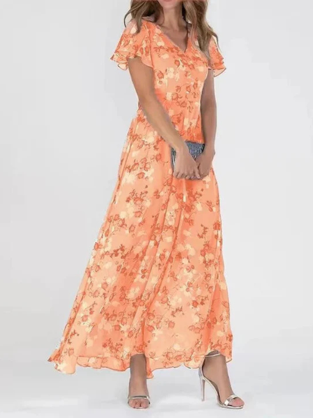 Camille | Women's Chiffon Printed Flutter Sleeve Maxi Dress