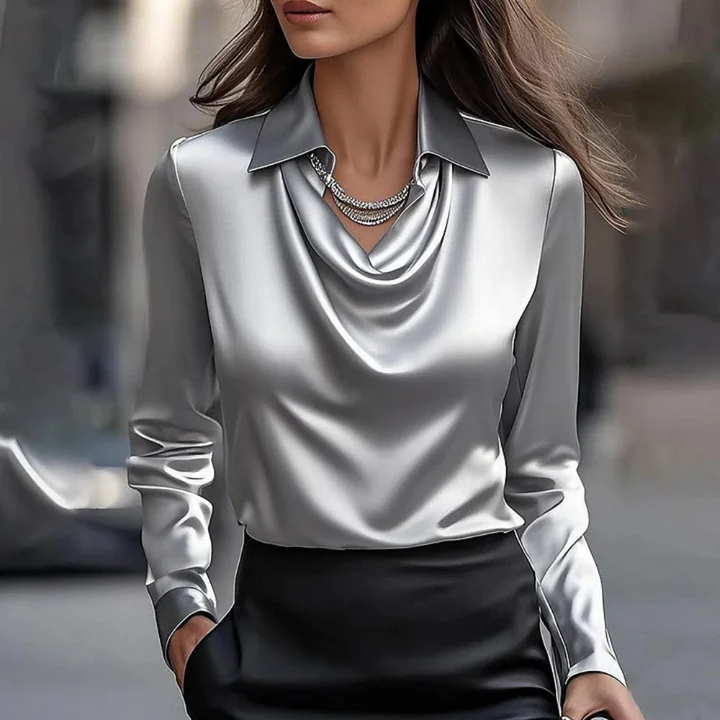 Camille | Women's Satin Cowl-Neck Collared Elegant Blouse