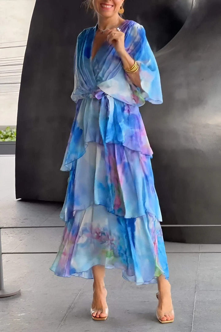 Celeste | Women's Chiffon Watercolor Print Wrap Tiered Maxi Dress