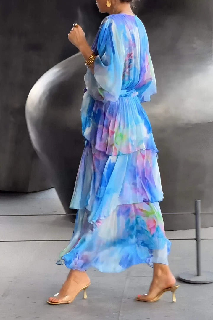Celeste | Women's Chiffon Watercolor Print Wrap Tiered Maxi Dress