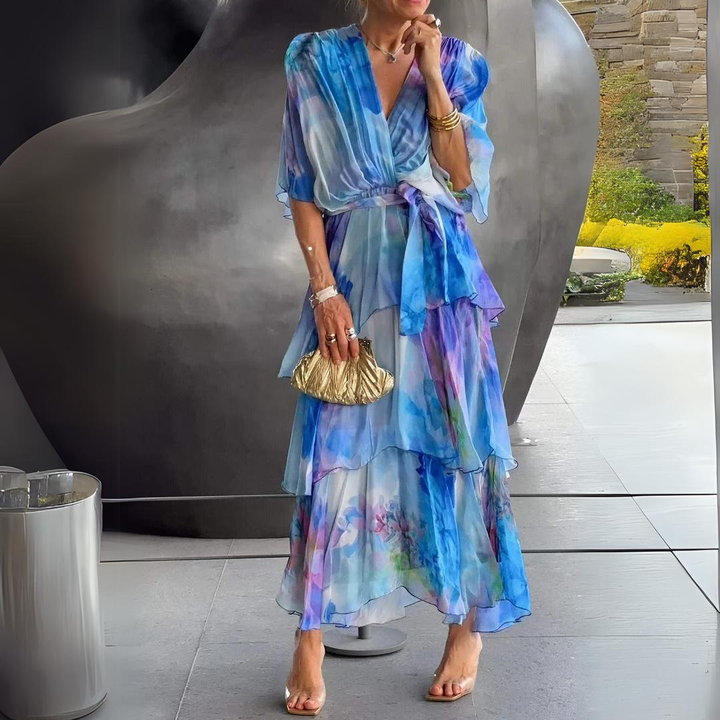Celeste | Women's Chiffon Watercolor Print Wrap Tiered Maxi Dress