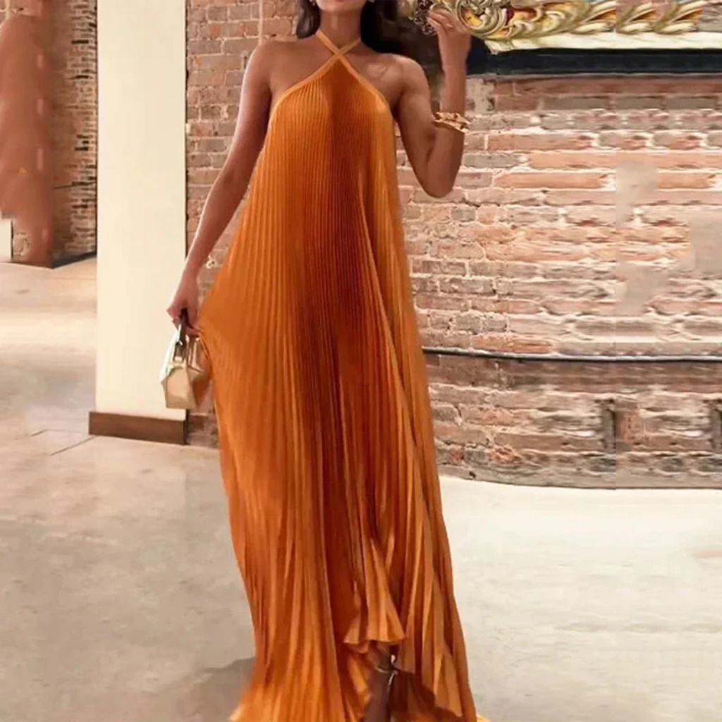 Celeste | Women's Satin Pleated Halter Maxi Dress