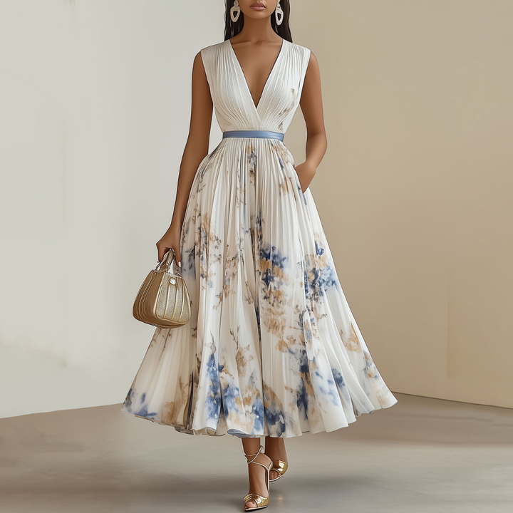 Elara's Poised Grace | Pleated V-Neck Midi Dress
