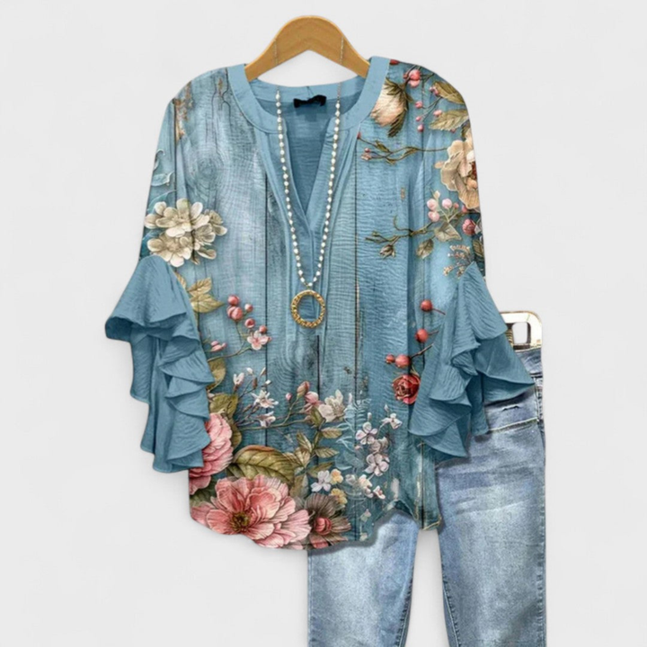 Celine | Women's Lightweight Printed Ruffle Sleeve Blouse