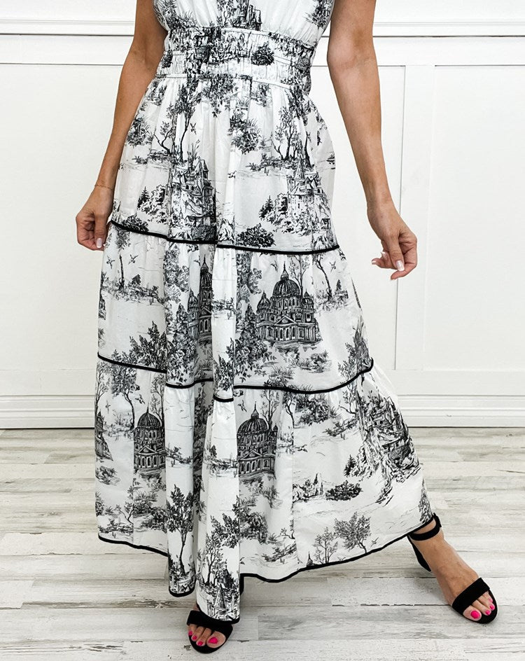 Clementine | Women's Cotton Toile Print Puff Sleeve Tiered Maxi Dress