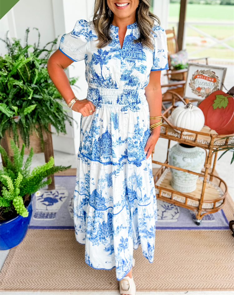 Clementine | Women's Cotton Toile Print Puff Sleeve Tiered Maxi Dress
