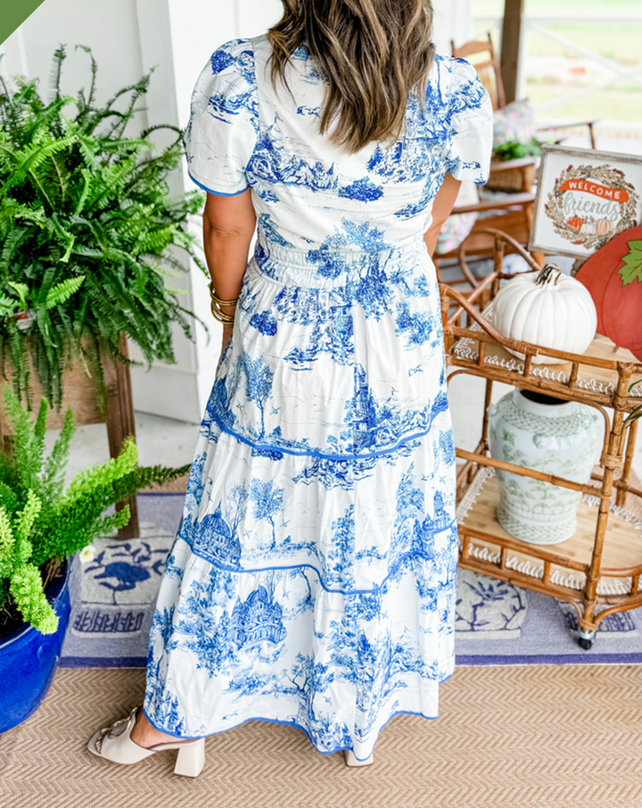 Clementine | Women's Cotton Toile Print Puff Sleeve Tiered Maxi Dress