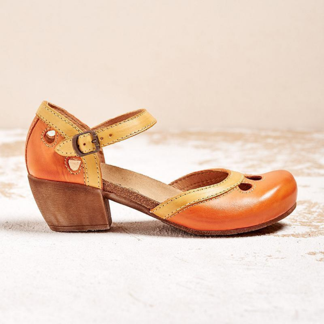 Clementine | Women's Leather Colourblock Cut-Out Ankle Strap Block Heel Sandals
