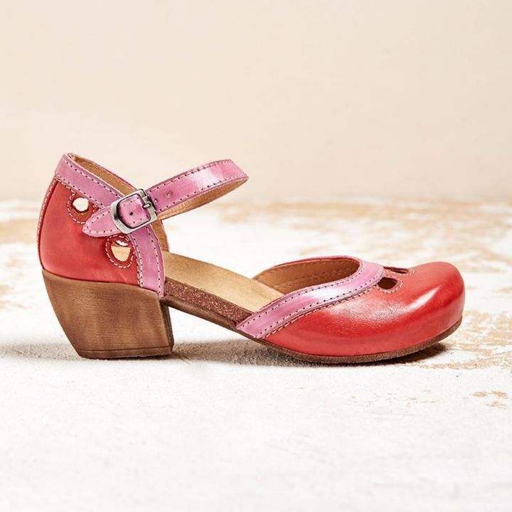 Clementine | Women's Leather Colourblock Cut-Out Ankle Strap Block Heel Sandals