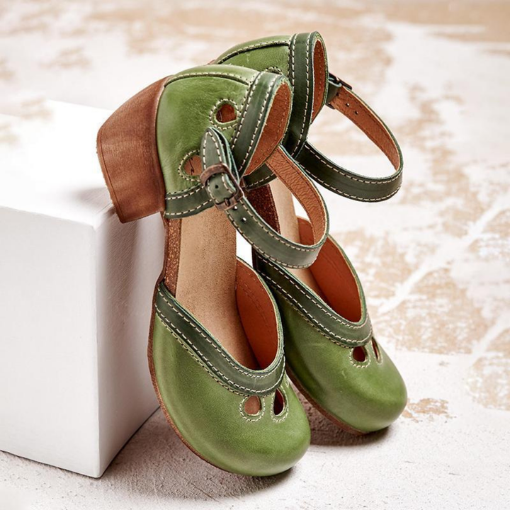 Clementine | Women's Leather Colourblock Cut-Out Ankle Strap Block Heel Sandals
