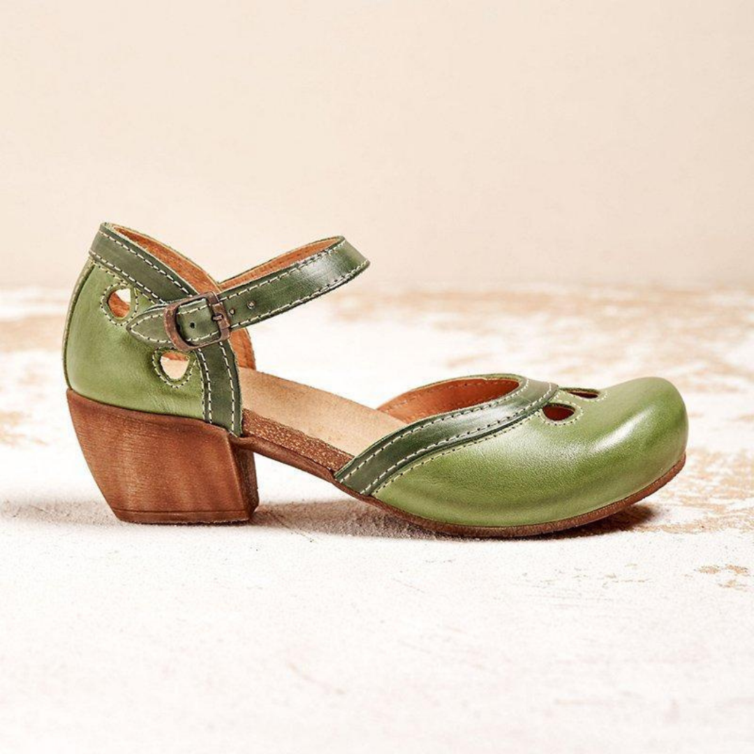 Clementine | Women's Leather Colourblock Cut-Out Ankle Strap Block Heel Sandals