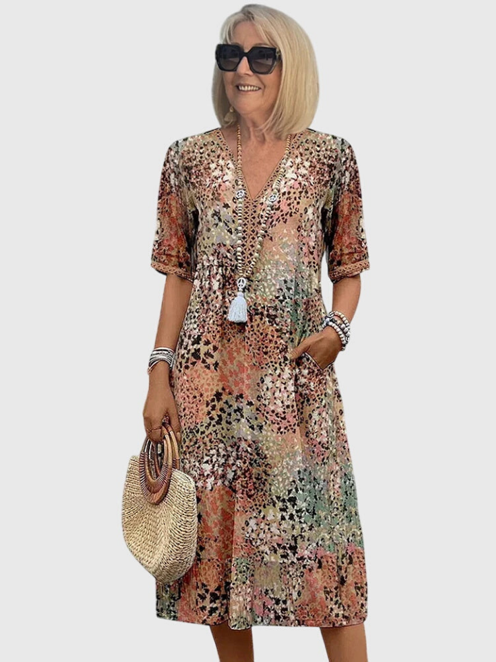 Cleo | Women's Cotton Boho Print V-Neck Pocket Midi Dress
