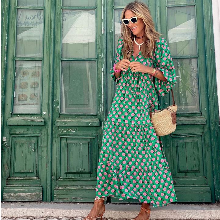 Cleo | Women's Cotton V-Neck Flowy Tiered Maxi Dress