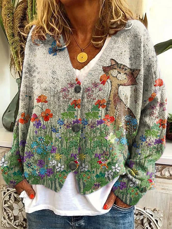 Clover | Women's Lightweight Printed V-Neck Cardigan