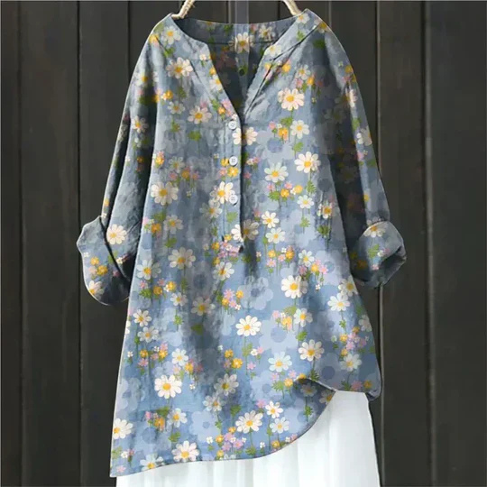 Clover | Women's Linen Floral Print V-Neck Roll-Sleeve Oversized Blouse