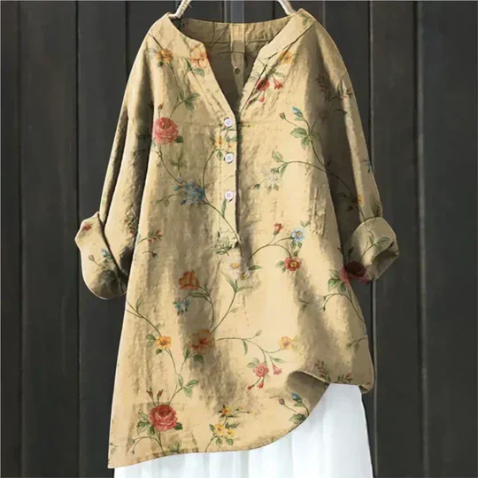 Clover | Women's Linen Floral Print V-Neck Roll-Sleeve Oversized Blouse