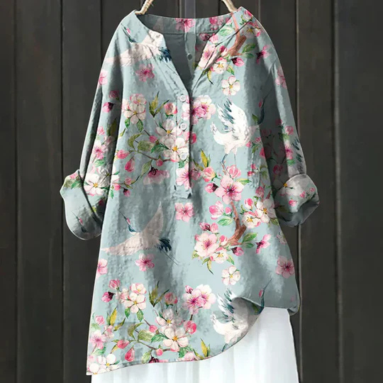 Clover | Women's Linen Floral Print V-Neck Roll-Sleeve Oversized Blouse