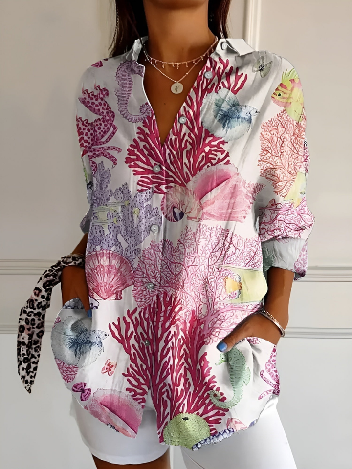 Clover | Women's Linen Print Collared Button-Down Blouse