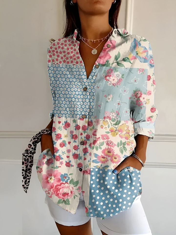 Clover | Women's Linen Print Collared Button-Down Blouse