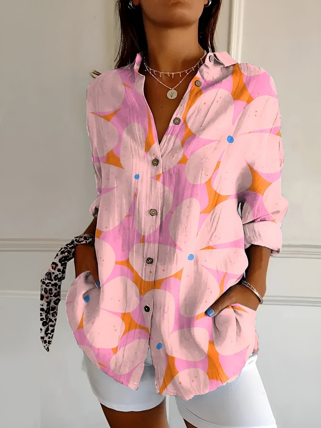 Clover | Women's Linen Print Collared Button-Down Blouse