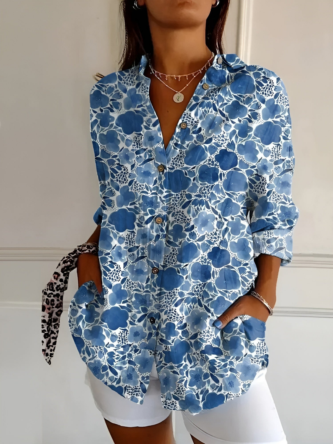 Clover | Women's Linen Print Collared Button-Down Blouse