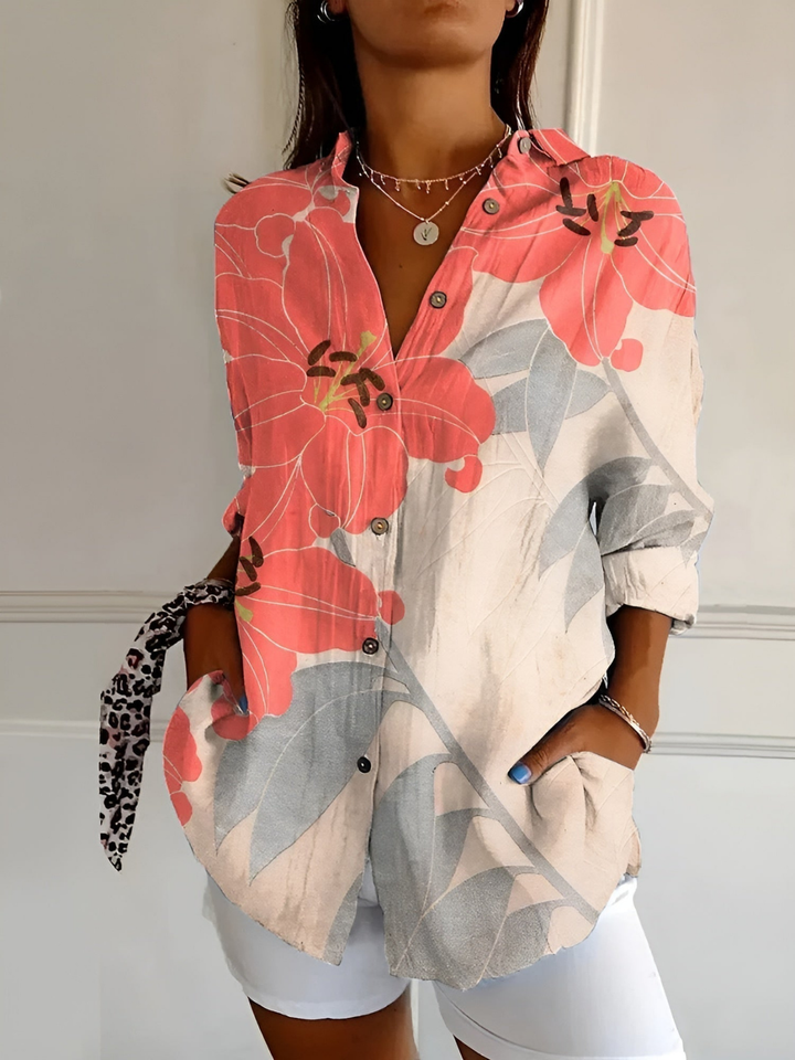 Clover | Women's Linen Print Collared Button-Down Blouse