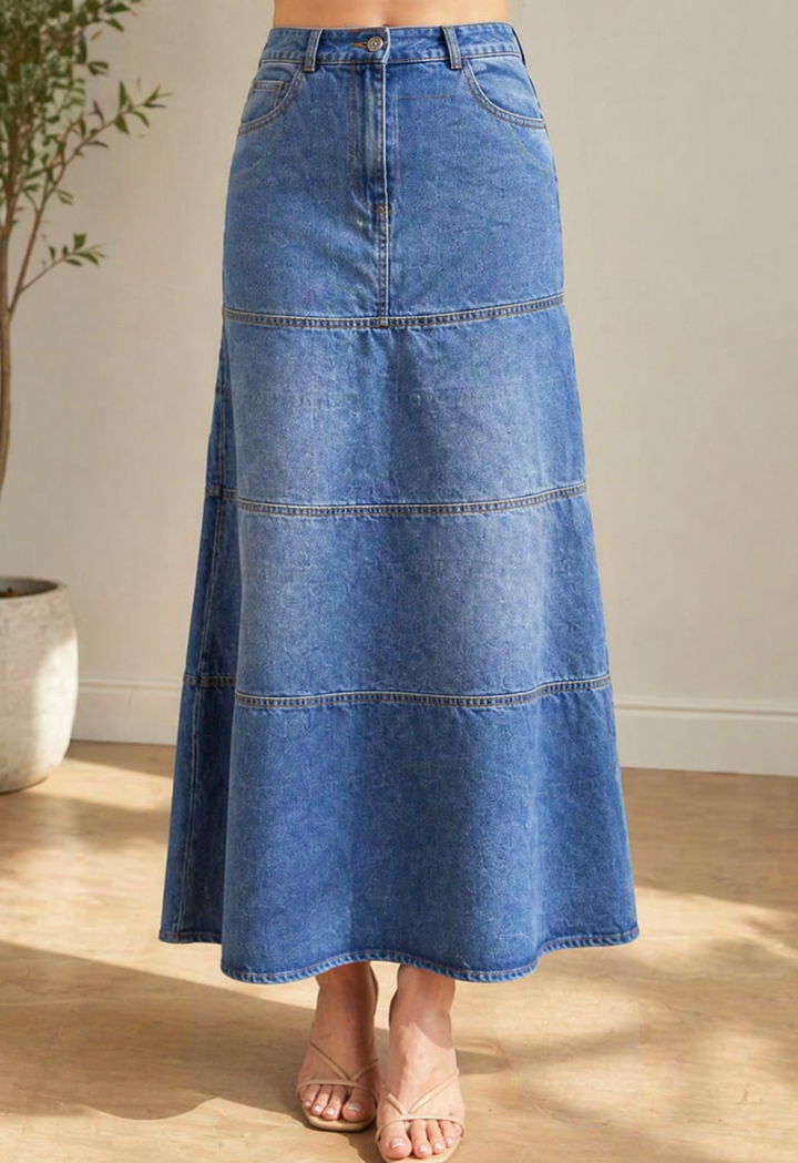 Colby | Women's Denim Tiered A-Line Maxi Skirt