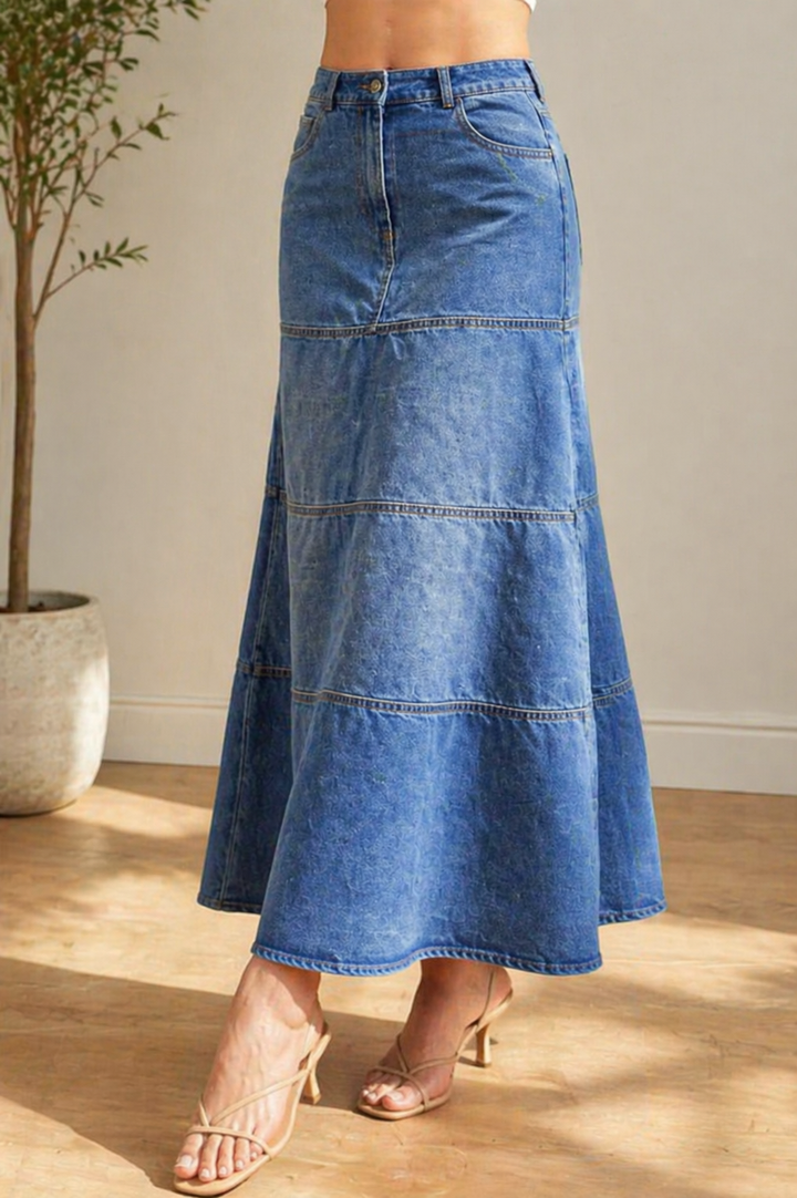Colby | Women's Denim Tiered A-Line Maxi Skirt