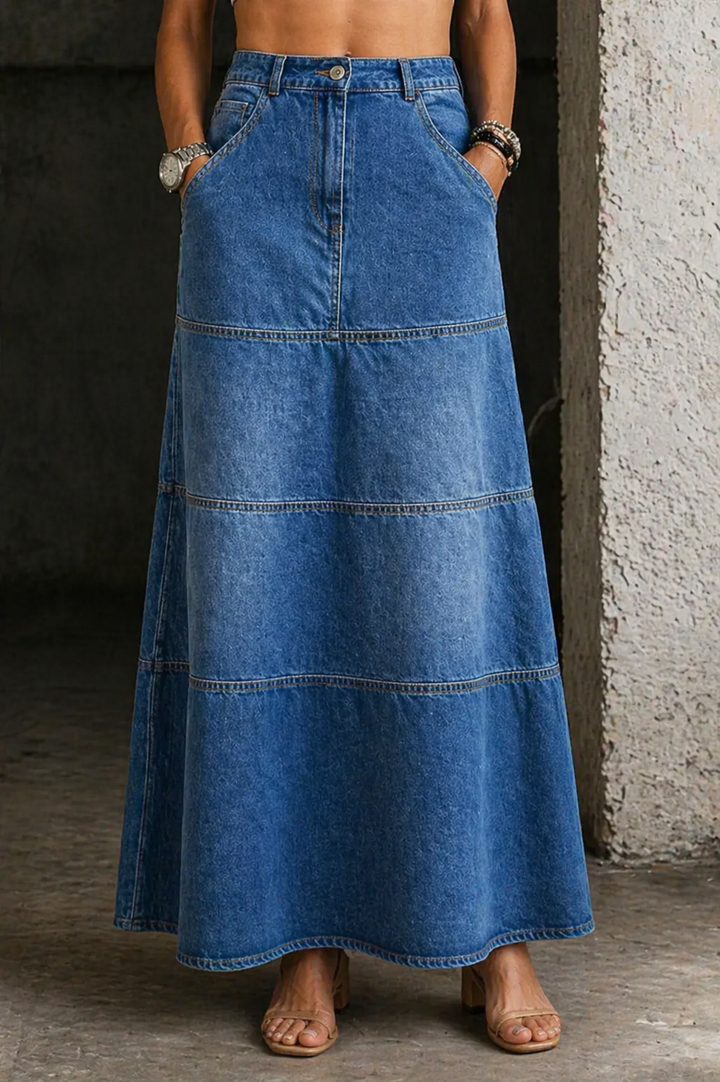 Colby | Women's Denim Tiered A-Line Maxi Skirt