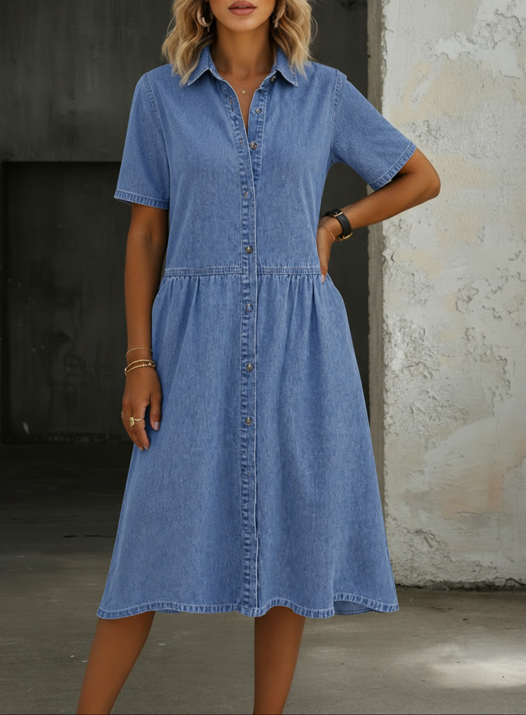 Colette | Women's Denim Button-Down Shirt Midi Dress