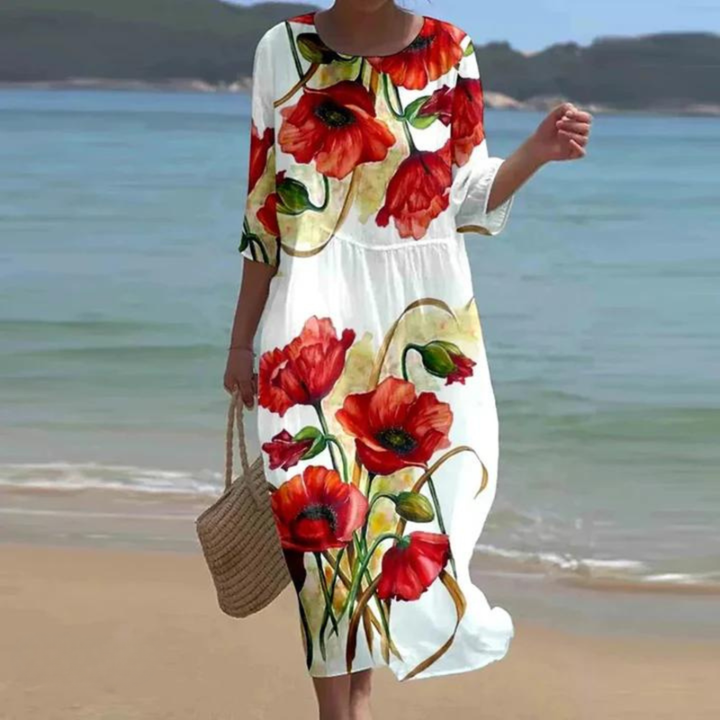 Coral | Women's Chiffon Print Round-Neck Relaxed Maxi Dress